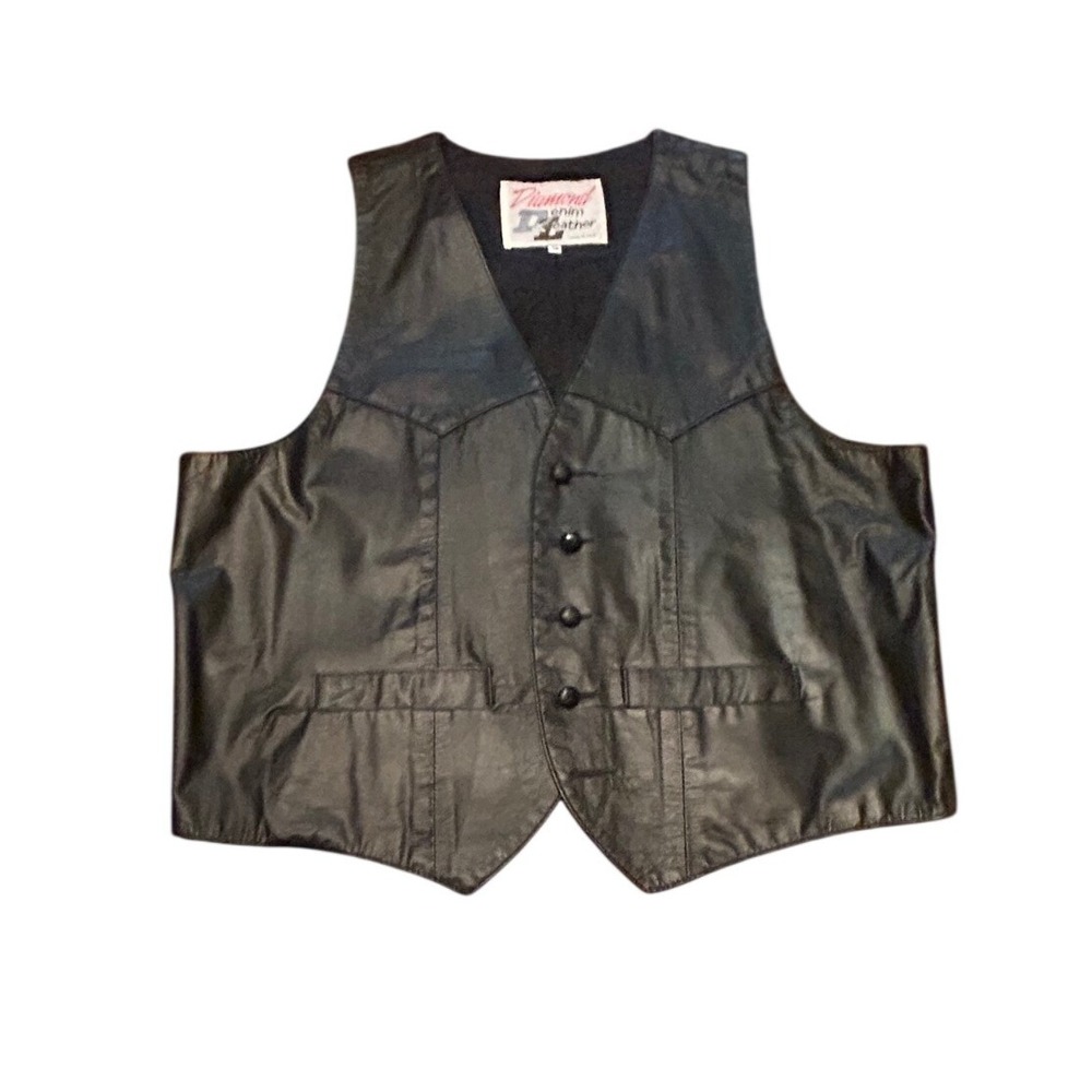 Vintage Diamond Denim‎ Leather Black Western Biker Motorcycle Vest Size 48 USA